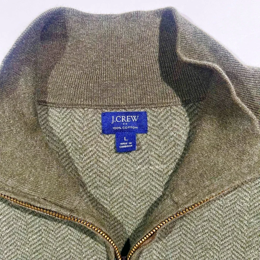 J.Crew Mens Large Green Herringbone 100% Cotton Quarter Zip Pullover Sweater